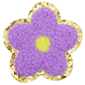 Aufnäher / Patch, Chenille, Blume, Goldglitzer-Untergrund, Klebefläche, Lila, 50x50 mm - Bild 1