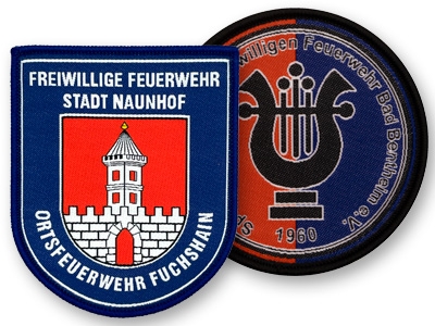 Zwei beliebte Standardformen für Aufnäher: Wappen- und Kreisform - Motive: Freiwillige Feuerwehren