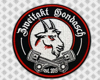 Rundes Patch gestickt mit gesticktem Rand schwarz rot Ziege Biker
