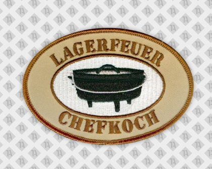 Konturgeschnittener Patch Aufnäher gestickt mit Kettelrand beieg weiß schwarz Lagerfeuer Chefkoch Gastro