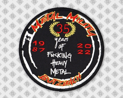 Gestickter Patch „Metal Militia Butzbach“ zum 35-jährigen Jubiläum, mit Kettelrand in Schwarz
