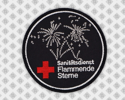 Runder gestickter Patch Aufnäher mit Kettelrand schwarz Flammende Sterne Sanitätsdienst Rettungsdienst