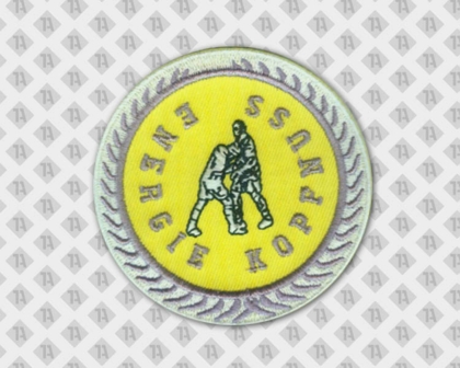 Gestickter Patch Aufnäher rund mit gesticktem Rand gelb grau Kopfnuss Vereine Badge Abzeichen