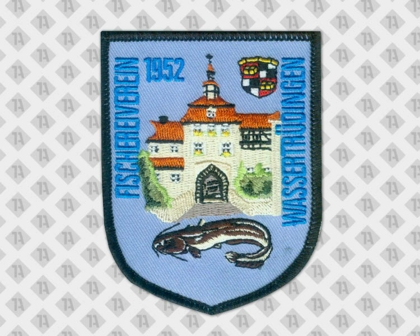 Gestickter Aufnäher Patch Badge Abzeichen mit Kettelrand in Wappenform Fischereiverein Fisch Verein