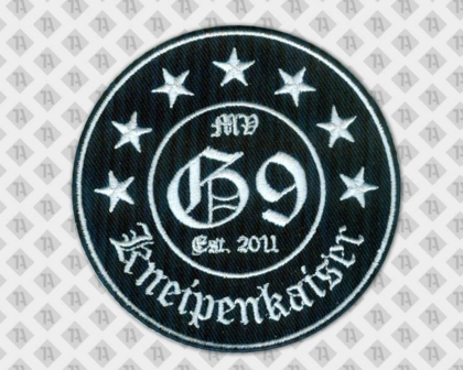 Gestickter Patch Aufnäher badge Abzeichen rund mit gesticktem Rand schwarz weiß Kneipe Vereine
