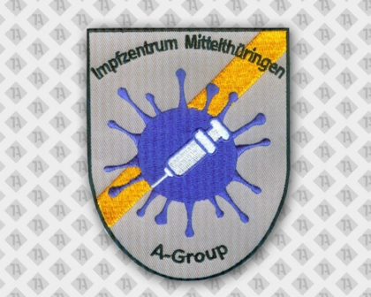 Aufnäher Patch Abzeichen Badge gestickt in Wappenform mit Stickrand und Schriftzug Impfzentrum Corona