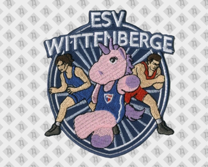 ESV Wittenberge Patch mit pinkem Einhorn und zwei Ringern in blauem und rotem Trikot vor dunkelblauem Strahlen-Hintergrund