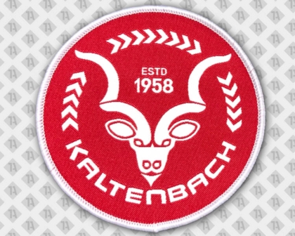 Runder gewebter Patch Aufnäher mit Kettelrand Firmen rot weiß Kaltenbach