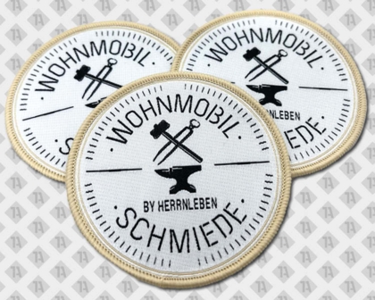 Gewebter runder Aufnäher Patch mit Kettelrand Wohnmobil Firma