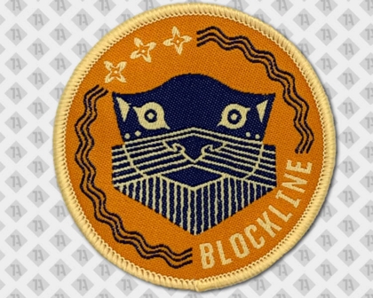Runder Patch Aufnäher gewebt mit Kettelrand orange Blockline Firma