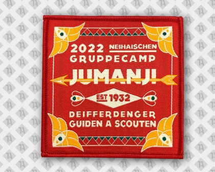 Eckiger Patch Aufnäher gewebt mit Kettelrand rot orange Jumanji Pfadfinder