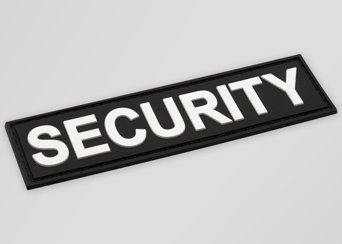 Schwarzer PVC-Aufnäher mit weißer Aufschrift "SECURITY"