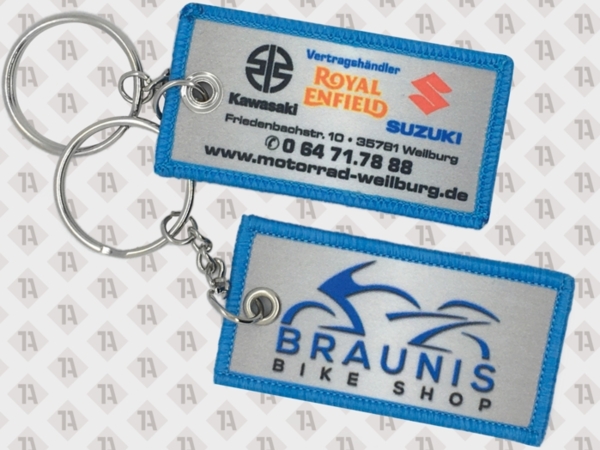 Gedruckte Schlüsselanhänger mit Logo für Motorradhändler und Bikeshop – Werbeanhänger