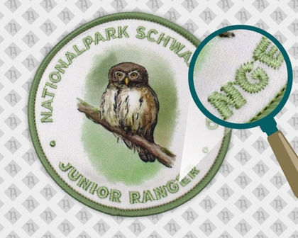 Patch Gedruckt+ Kettelrand Nationalpark Schwarzwald Eule fotorealistischer Druck Junior Ranger Aufnäher Abzeichen