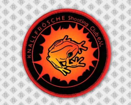 Runder gedruckter Aufnäher Patch mit Kettelrand rot orange Knallfrösche Airsoft Paintball