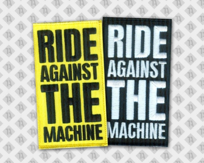 Gestickter Aufnäher Patch mit gestickem Rand eckig schwarze Schrift auf gelbem Grund weiße Schrift auf schwarzem Grund Biker