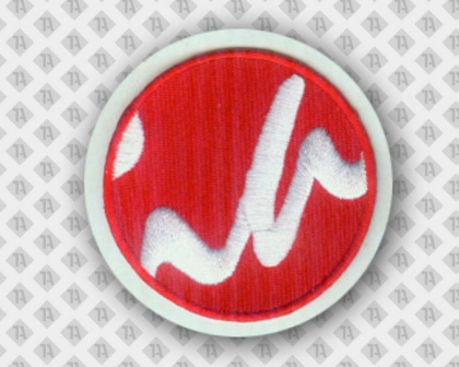 Gestickter runder Patch Aufnäher rot weiß Firma