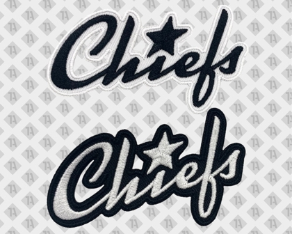 Konturgeschnittener Patch Aufnäher gestickt mit Kettelrand in weiß schwarz von Chiefs Firmen