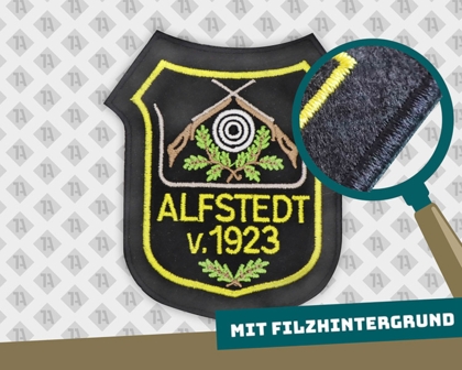 Konturgeschnittener Aufnäher Patch gestickt mit Kettelrand Wappenform und Filzhintergrund schwarz Schützenverein