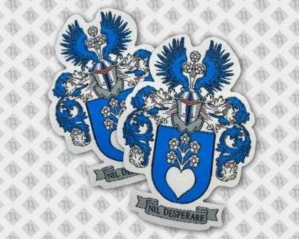 Patch Aufnäher gewebt Laserschnitt Kontur Wappen Schriftzug  blau weiß Allgemein