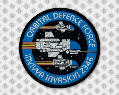 Runder Patch Aufnäher gewebt mit Kettelrand metallic silber Orbital Defence Force Inviyya Invasion Raumschiff Bundeswehr