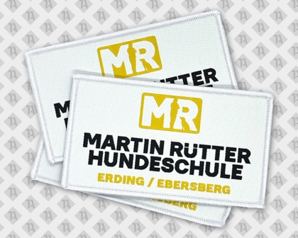 Eckiger Patch gewebt mit Kettelrand Martin Rütter Hundeschule weiß schwarz gelb Hundesport