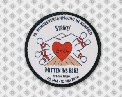 Aufnäher BV24 mit Herz, Bergen und Bowlingmotiv
