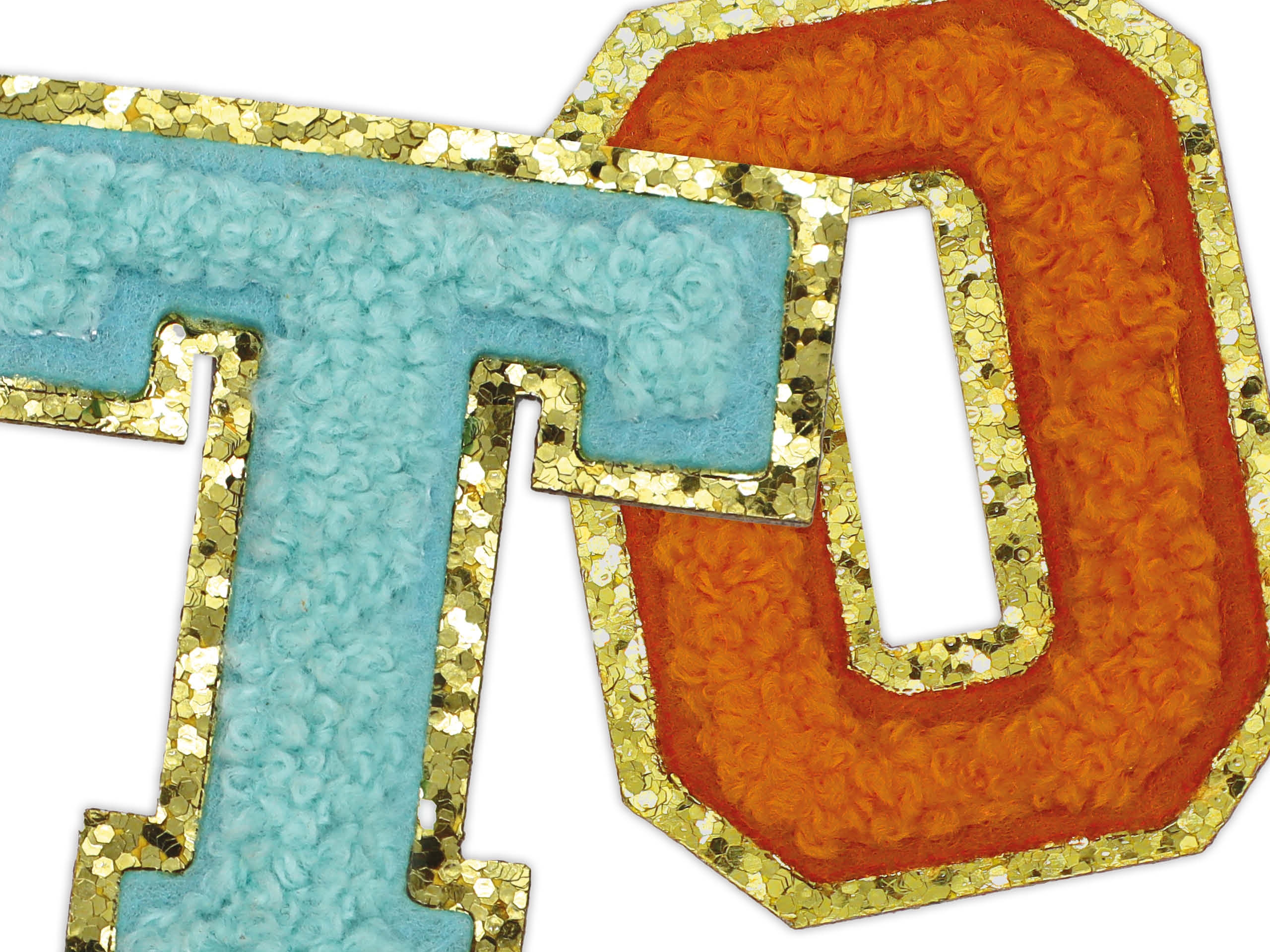 Chenille-Patches / Frottee Buchstaben T und O mit goldener Glitzerkante