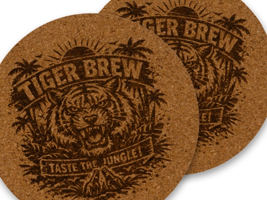 Runder Kork-Aufnäher/Untersetzer mit Lasergravur der fiktiven Biermarke "TIGER BREW"