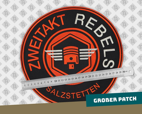 Runder Patch Aufnäher gestickt mit gesticktem Rand Zweitakt Rebels Salzdetten Biker