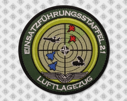 Runder Bundeswehr-Aufnäher mit Radar-Design, Flugzeugen und Schriftzug „Einsatzführungsstaffel 21 – Luftlagezug“ in Grün, Schwarz und Weiß