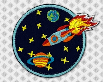 Patch Aufnäher gestickt Rund Allgemein Rakete blau gelb Feuer mit gesticktem Rand DIY Kinder