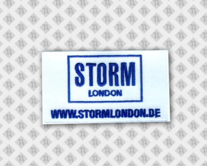 Rechteckiger gestickter Patch Aufnäher mit gesticktem Rand Firma London blau weiß