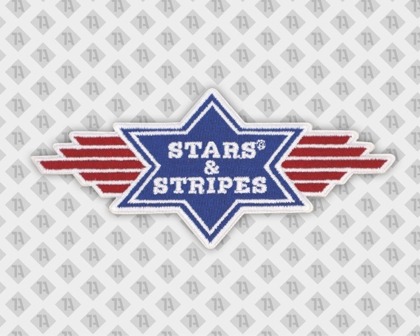 Konturgeschnittener Patch Aufnäher gestickt mit gesticktem Rand blau weiß rot Stars and Stripes Sterne Firmen