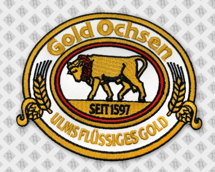 Konturgeschnittener Patch Aufnäher gestickt mit gesticktem Rand Gold Ochsen Brauerei Gastro