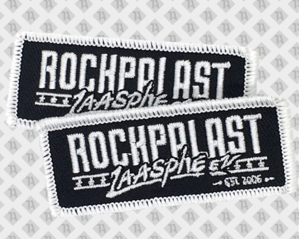 Eckiger Patch Aufnäher gestickt mit Kettelrand Musiker und Bands schwarz weiß Rockpalast