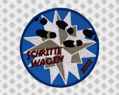 Runder Patch Aufnäher gestickt mit Kettelrand blau Stern Schritte Wagen Pfadfinder
