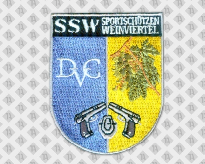 Gestickter Patch Aufnäher in Wappenform Schützenverein Waffen blau gelb