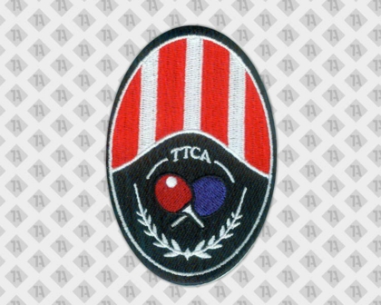 Ovaler gestickter Patch Aufnäher Badge Abzeichen mit Stickrand rot weiß blau Tischtennis Vereine