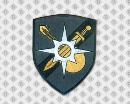 Gestickter Aufnäher Patch Badge Abzeichen in Wappenform gestickter Rand Schwert Gitarre Vereine