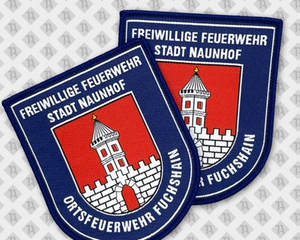 Gestickter Aufnäher der Freiwilligen Feuerwehr Stadt Naunhof – Ortsfeuerwehr Fuchshain mit Wappenmotiv
