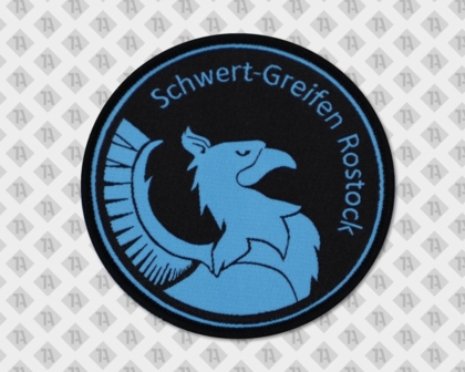 Gewebter Patch Aufnäher mit Kettelrand rund Schwert Greifen Rostock Kampfsport
