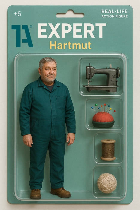 Realistische Actionfigur Hartmut im Blaumann mit Nähmaschine, Garn, Stecknadeln und Zwirn – Experte ab 6+