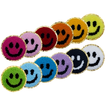 Aufnäher / Patch Set, Chenille, 12 Smileys, Goldglitzer-Untergrund, Klebefläche, 55x55 mm - Bild 1