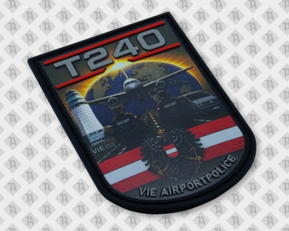 PVC/Rubber Aufnäher / Patch der eine erhabene Schrift hat und zusätzlich bedruckt worden ist - Motiv: T240 VIE Airportpolice
