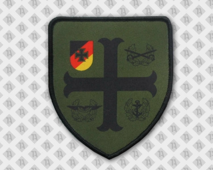 Badge Abzeichen Patch Aufnäher gedruckt mit Kettelrand in Wappenform oliv schwarz Vereine
