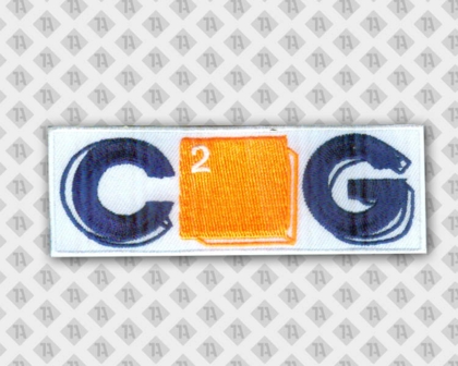 Aufnäher Patch gestickt mit gesticktem Rand rechteckig blau orange Firma
