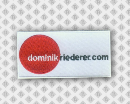 Aufnäher Patch gestickt mit Stickrand weiß rechteckig rot schwarz Schriftzug Firma
