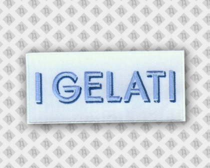Aufnäher Patch gestickt mit gesticktem Rand weiß blau Gelati Firma