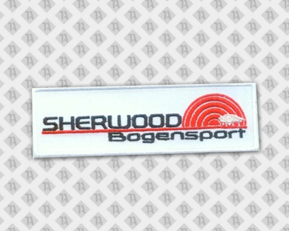 Rechteckiger gestickter Aufnäher Patch weiß rot schwarz Bogensport Firma